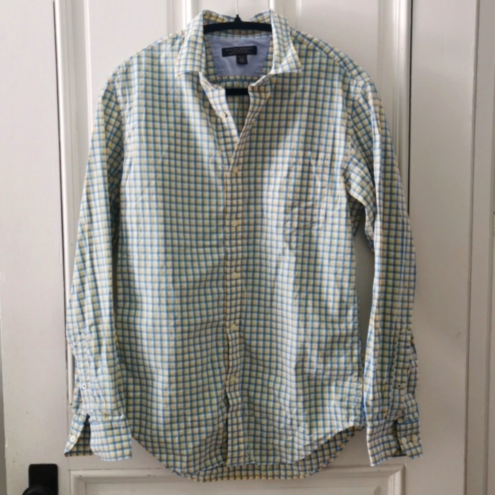 Banana Republic Men's blue yellow plaid dress shirt. Size small 14 14 1/2". EUC